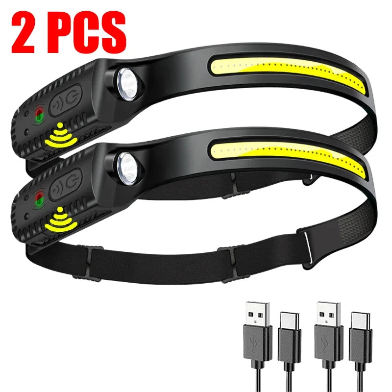 USB Rechargeable LED Sensor Headlamp - XPE+COB Head Torch for Camping, Fishing, and Outdoor Use