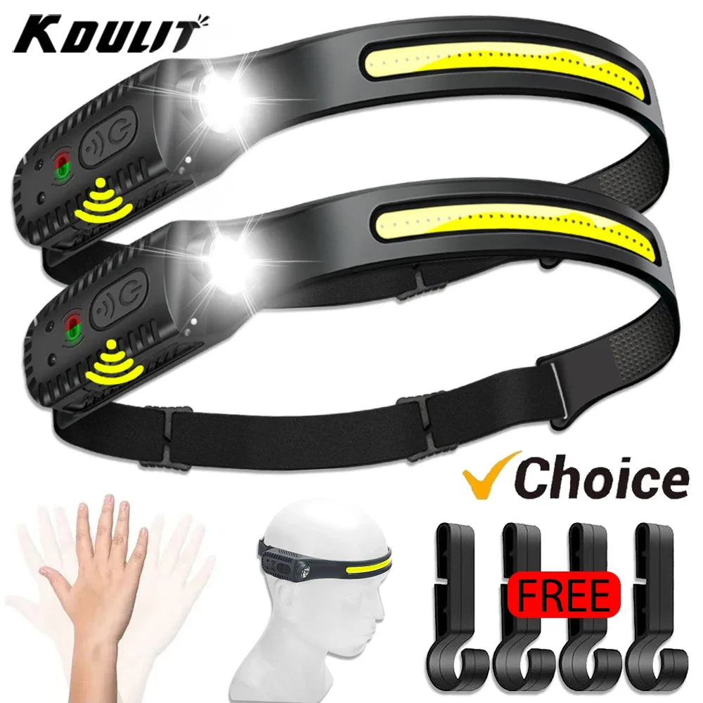 USB Rechargeable LED Sensor Headlamp - XPE+COB Head Torch for Camping, Fishing, and Outdoor Use