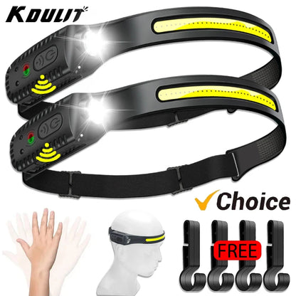 USB Rechargeable LED Sensor Headlamp - XPE+COB Head Torch for Camping, Fishing, and Outdoor Use