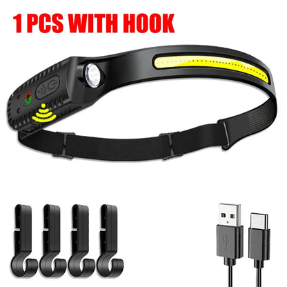 USB Rechargeable LED Sensor Headlamp - XPE+COB Head Torch for Camping, Fishing, and Outdoor Use