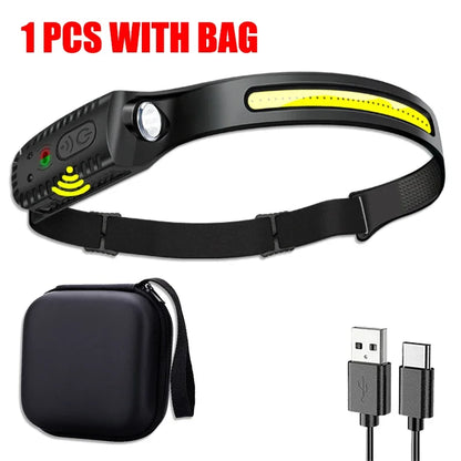 USB Rechargeable LED Sensor Headlamp - XPE+COB Head Torch for Camping, Fishing, and Outdoor Use