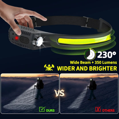 USB Rechargeable LED Sensor Headlamp - XPE+COB Head Torch for Camping, Fishing, and Outdoor Use