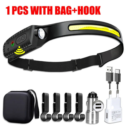 USB Rechargeable LED Sensor Headlamp - XPE+COB Head Torch for Camping, Fishing, and Outdoor Use
