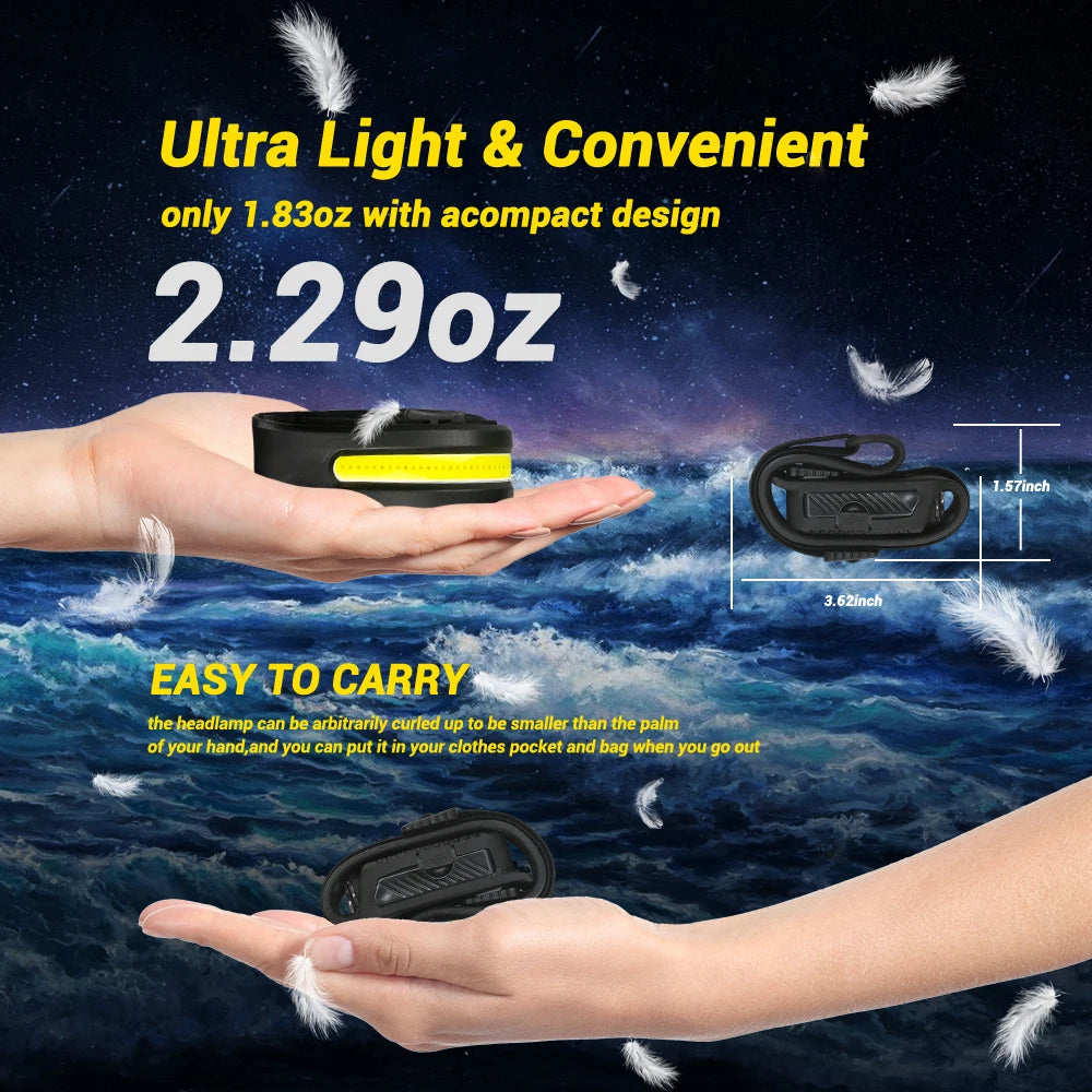 USB Rechargeable LED Sensor Headlamp - XPE+COB Head Torch for Camping, Fishing, and Outdoor Use