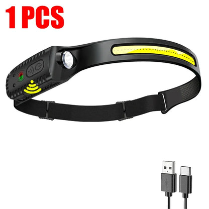 USB Rechargeable LED Sensor Headlamp - XPE+COB Head Torch for Camping, Fishing, and Outdoor Use