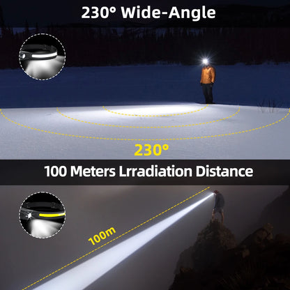 USB Rechargeable LED Sensor Headlamp - XPE+COB Head Torch for Camping, Fishing, and Outdoor Use