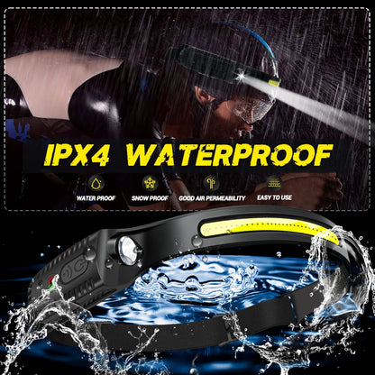 USB Rechargeable LED Sensor Headlamp - XPE+COB Head Torch for Camping, Fishing, and Outdoor Use