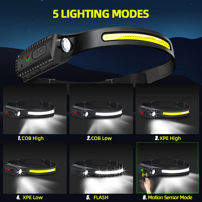 USB Rechargeable LED Sensor Headlamp - XPE+COB Head Torch for Camping, Fishing, and Outdoor Use