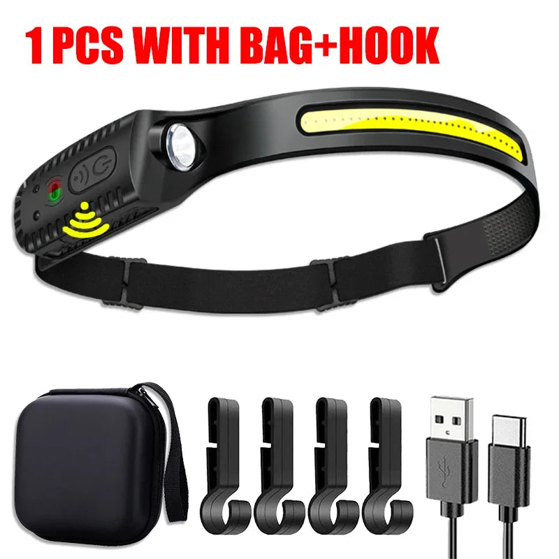 USB Rechargeable LED Sensor Headlamp - XPE+COB Head Torch for Camping, Fishing, and Outdoor Use