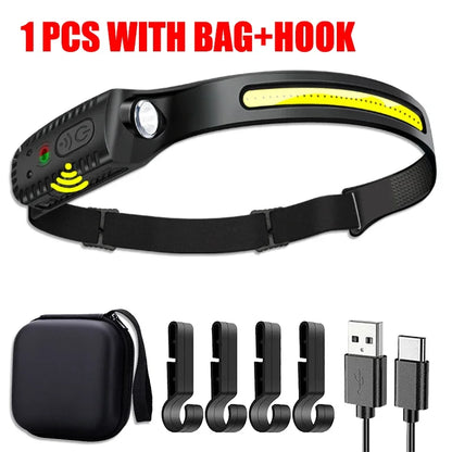 USB Rechargeable LED Sensor Headlamp - XPE+COB Head Torch for Camping, Fishing, and Outdoor Use