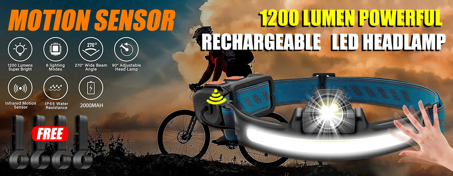 USB Rechargeable LED Sensor Headlamp - XPE+COB Head Torch for Camping, Fishing, and Outdoor Use