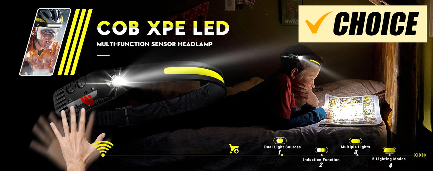 USB Rechargeable LED Sensor Headlamp - XPE+COB Head Torch for Camping, Fishing, and Outdoor Use