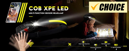 USB Rechargeable LED Sensor Headlamp - XPE+COB Head Torch for Camping, Fishing, and Outdoor Use