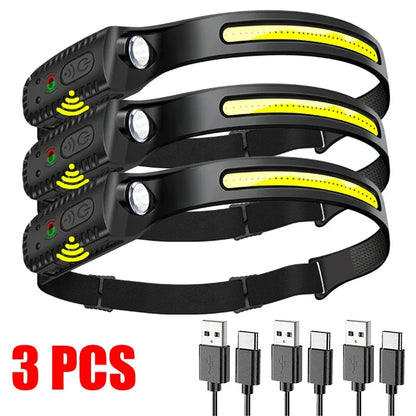 USB Rechargeable LED Sensor Headlamp - XPE+COB Head Torch for Camping, Fishing, and Outdoor Use